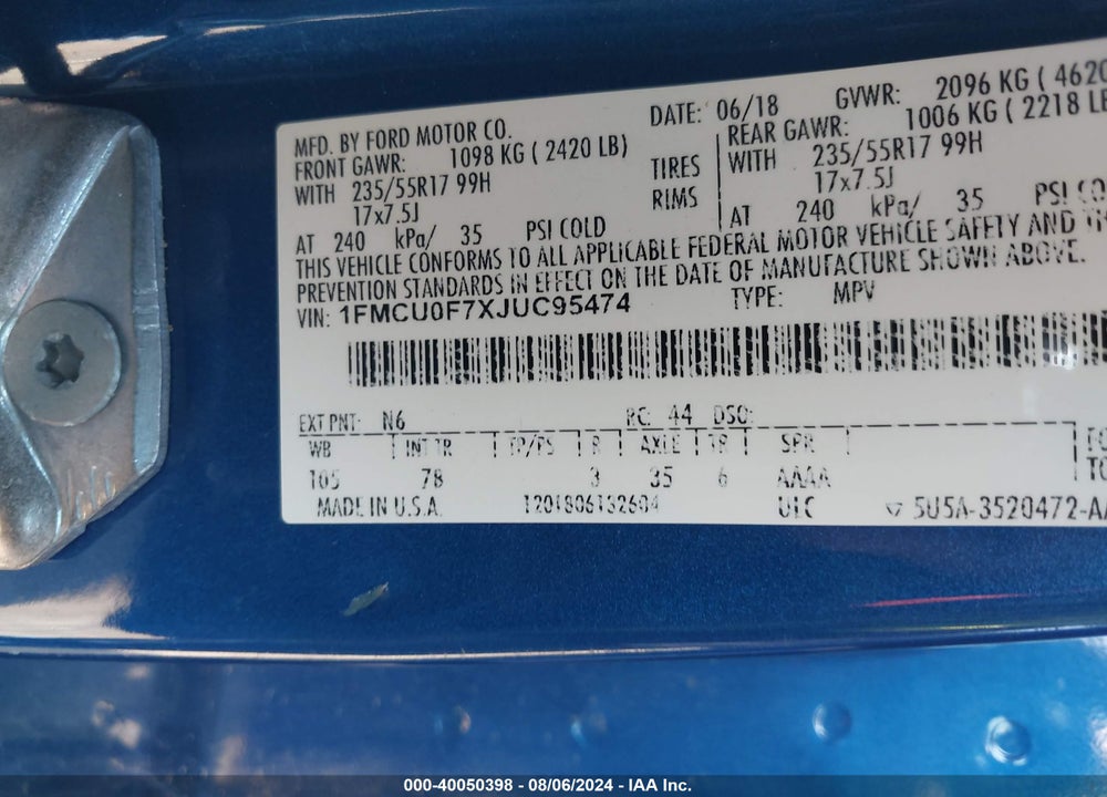 2018 FORD ESCAPE S VIN: 1FMCU0F7XJUC95474