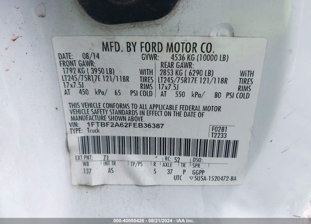 2015 FORD F-250 XL VIN: 1FTBF2A62FEB36387