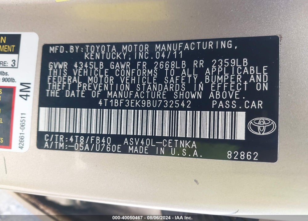 2011 TOYOTA CAMRY LE VIN: 4T1BF3EK9BU732542