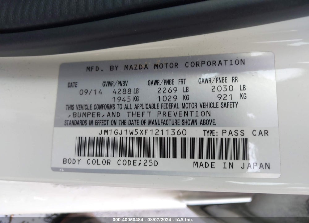 2015 MAZDA 6 I GRAND TOURING VIN: JM1GJ1W5XF1211360