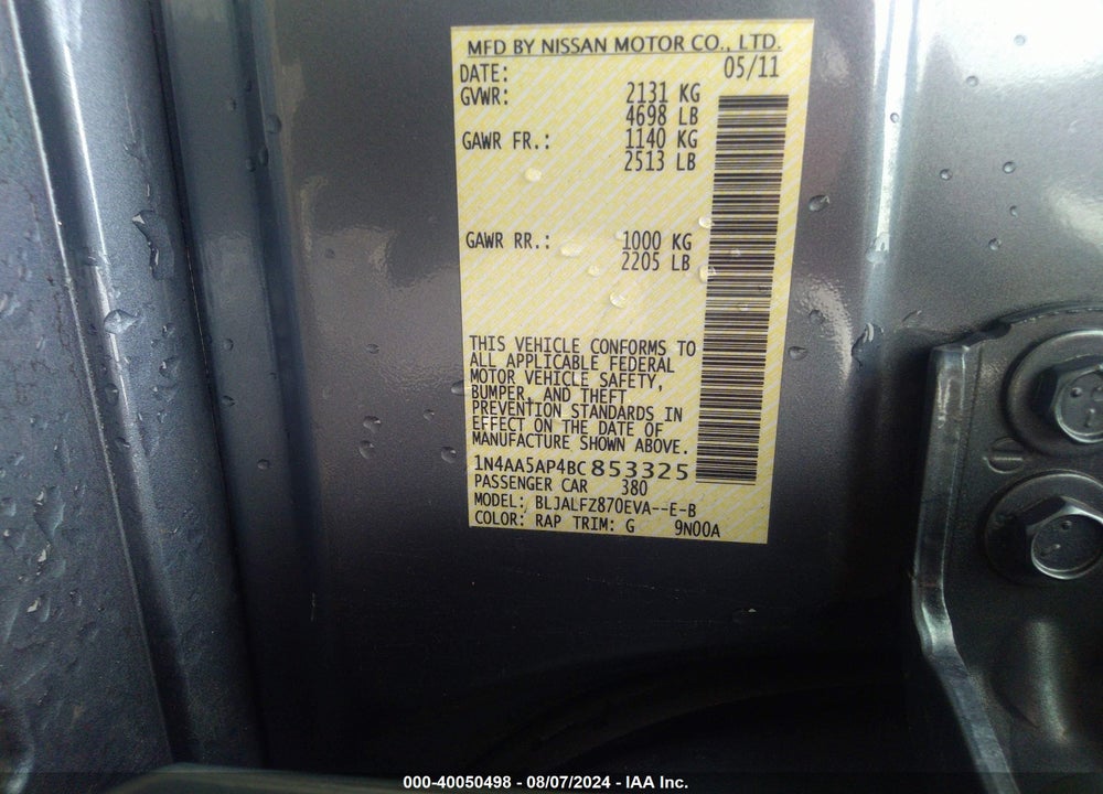2011 NISSAN MAXIMA 3.5 SV VIN: 1N4AA5AP4BC853325