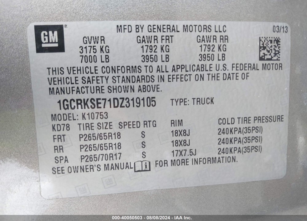 2013 CHEVROLET SILVERADO 1500 VIN: 1GCRKSE71DZ319105