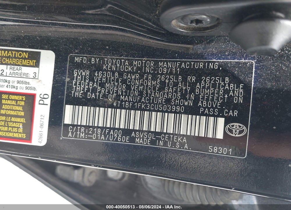 2012 TOYOTA CAMRY L VIN: 4T1BF1FK3CU503990