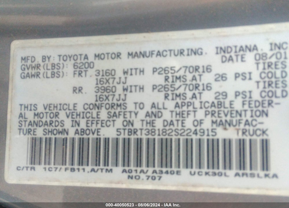 2002 TOYOTA TUNDRA LTD V8 VIN: 5TBRT38182S224915