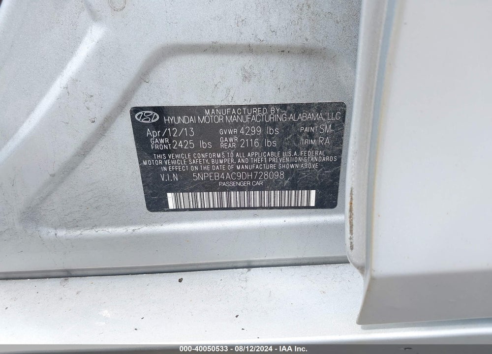 2013 HYUNDAI SONATA GLS VIN: 5NPEB4AC9DH728098