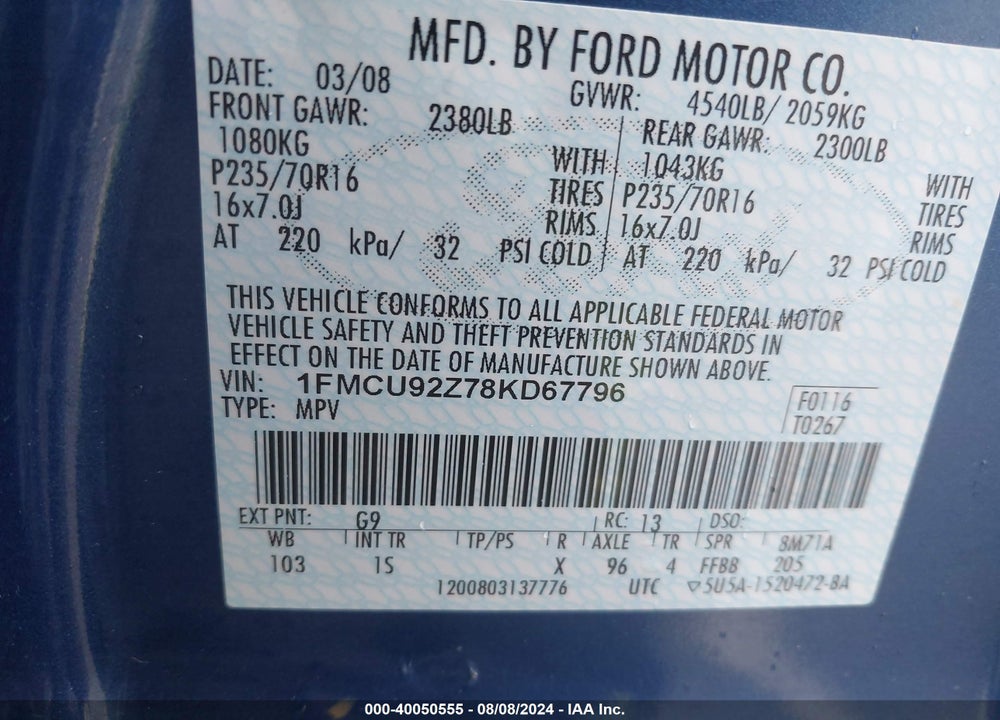 2008 FORD ESCAPE XLS VIN: 1FMCU92Z78KD67796