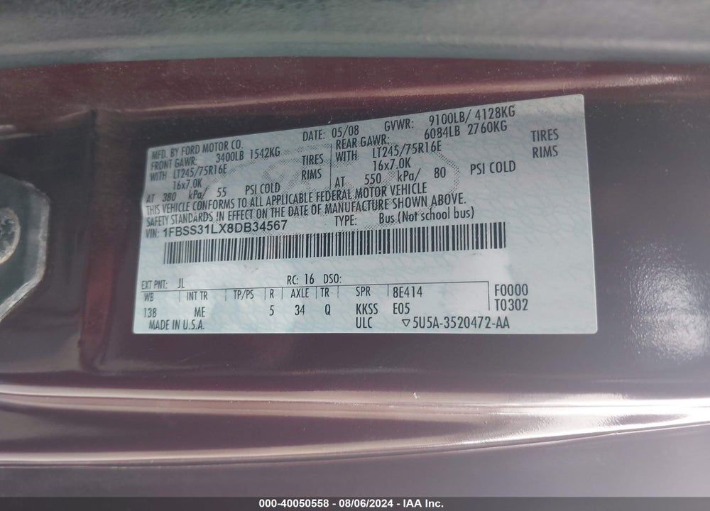 2008 FORD E-350 SUPER DUTY XL/XLT VIN: 1FBSS31LX8DB34567