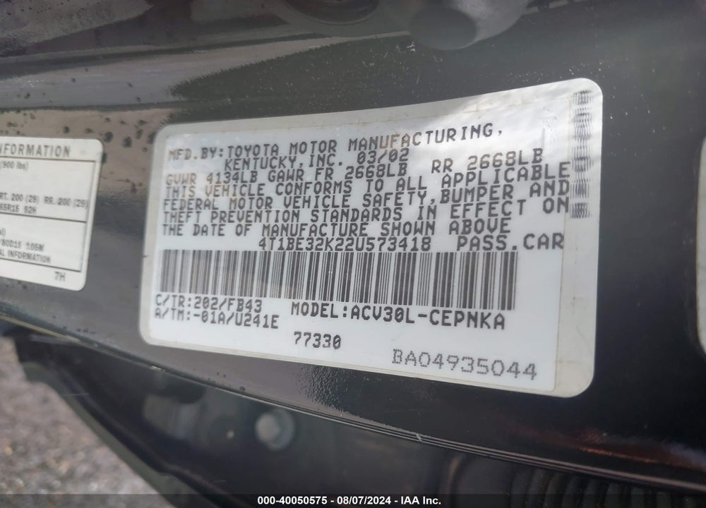 2002 TOYOTA CAMRY LE VIN: 4T1BE32K22U573418