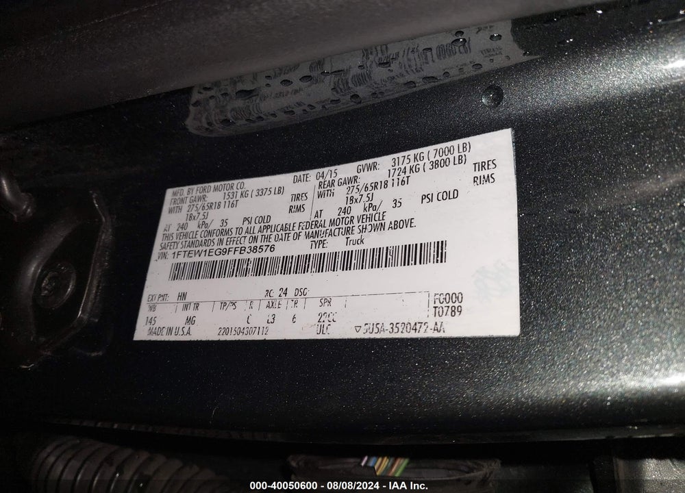 2015 FORD F-150 XLT VIN: 1FTEW1EG9FFB38576