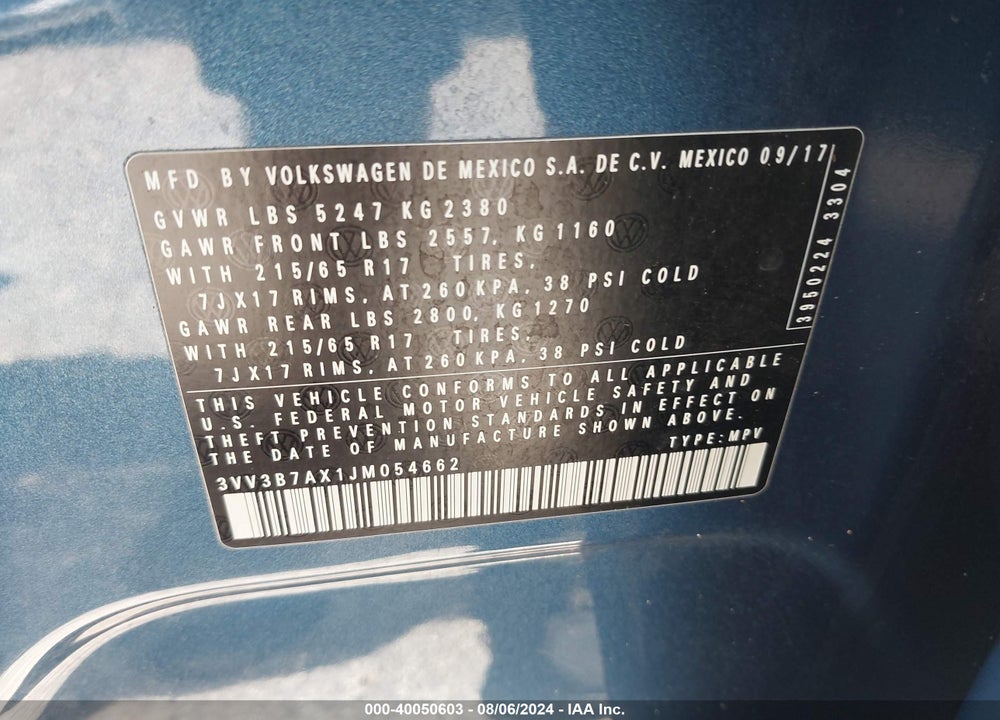 2018 VOLKSWAGEN TIGUAN 2.0T SE/2.0T SEL VIN: 3VV3B7AX1JM054662