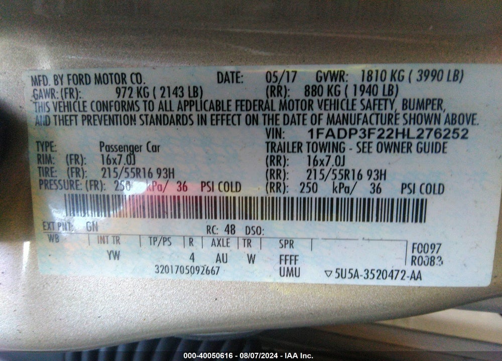 2017 FORD FOCUS SE VIN: 1FADP3F22HL276252
