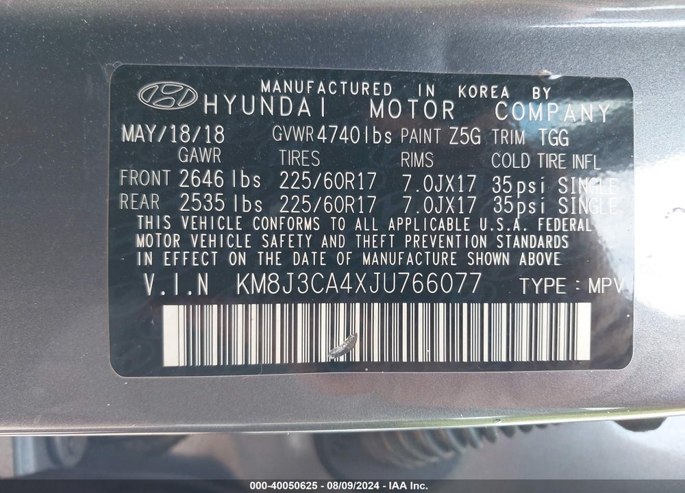 2018 HYUNDAI TUCSON SEL VIN: KM8J3CA4XJU766077
