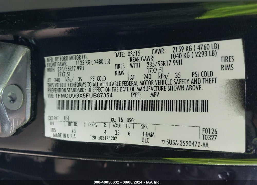 2015 FORD ESCAPE SE VIN: 1FMCU9GX5FUB87354