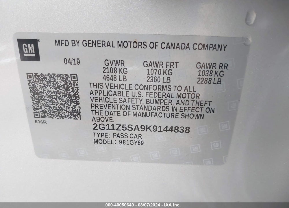 2019 CHEVROLET IMPALA LT VIN: 2G11Z5SA9K9144838