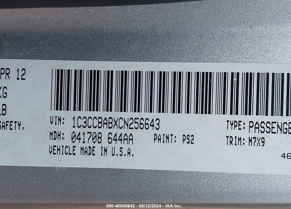 2012 CHRYSLER 200 LX VIN: 1C3CCBABXCN256643
