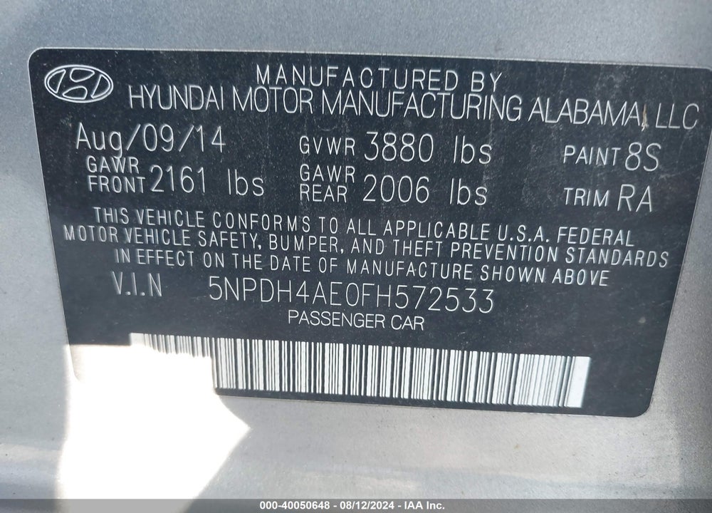 2015 HYUNDAI ELANTRA SE VIN: 5NPDH4AE0FH572533