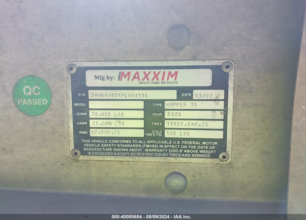 2023 MAXXIM INDUSTRIES S.A. DUMP TRAILER VIN: 3M9KS402XPL084110