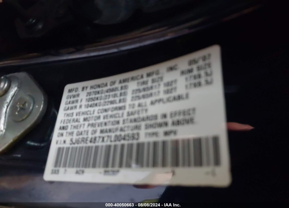 2007 HONDA CR-V EX-L VIN: 5J6RE487X7L004593