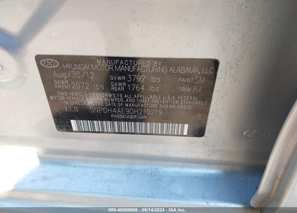 2013 HYUNDAI ELANTRA GLS VIN: 5NPDH4AE9DH219219