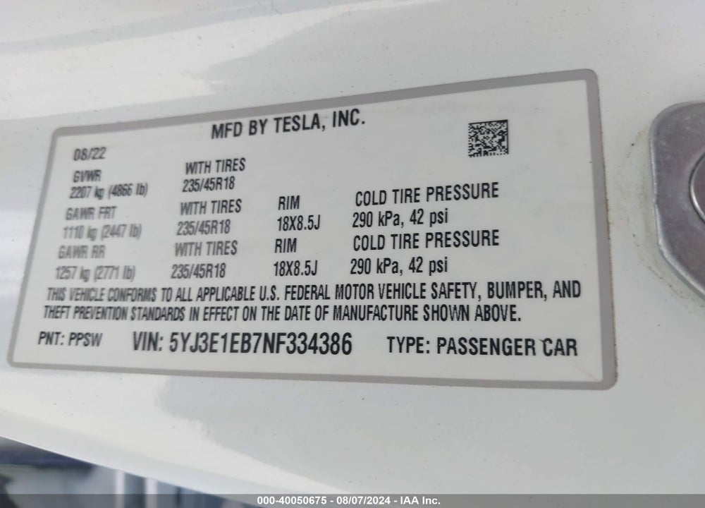 2022 TESLA MODEL 3 LONG RANGE DUAL MOTOR ALL-WHEEL DRIVE VIN: 5YJ3E1EB7NF334386