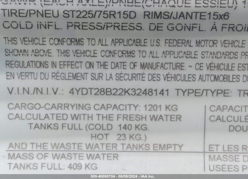 2019 KEYSTONE OTHER VIN: 4YDT28B22K3248141