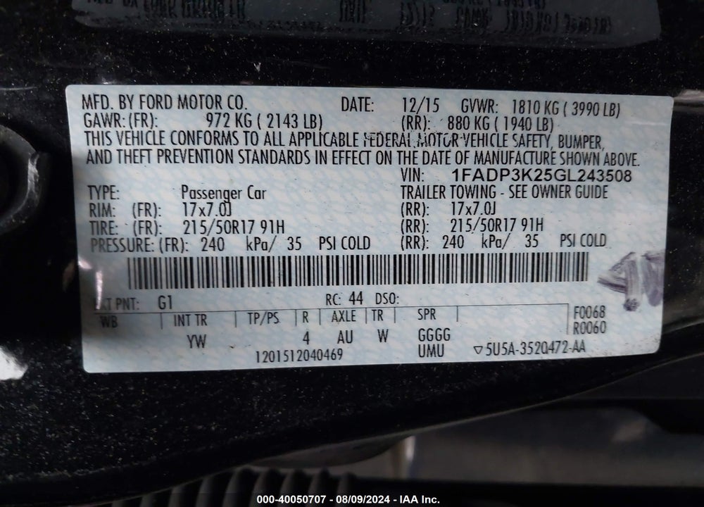 2016 FORD FOCUS SE VIN: 1FADP3K25GL243508