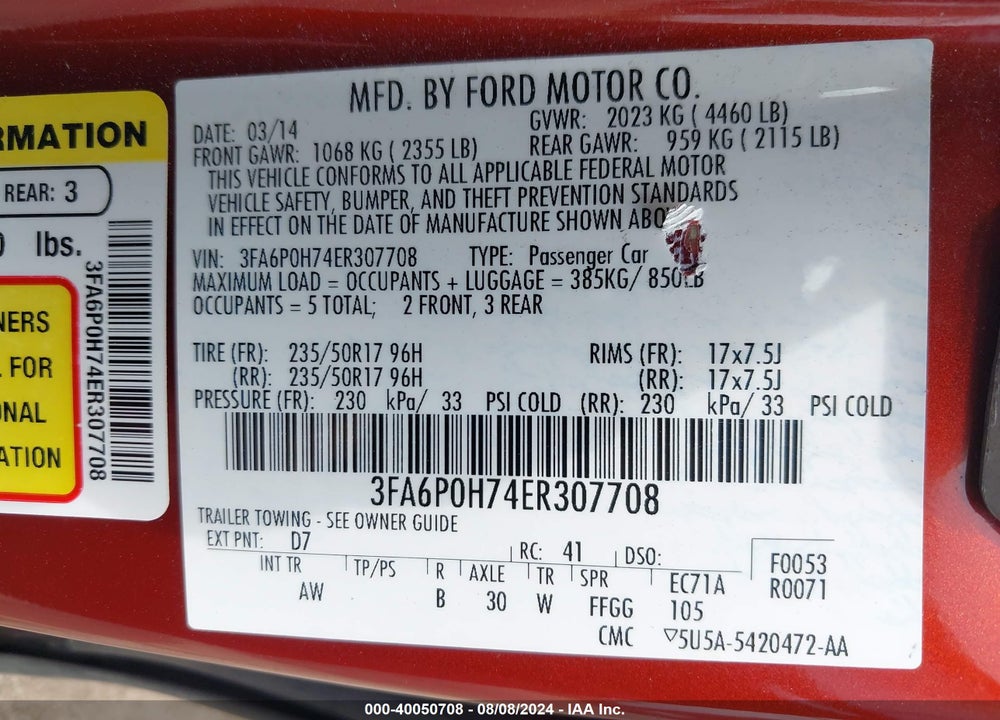 2014 FORD FUSION SE VIN: 3FA6P0H74ER307708