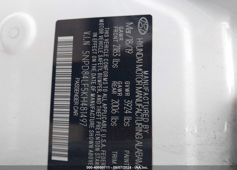 2019 HYUNDAI ELANTRA VALUE EDITION VIN: 5NPD84LF5KH481497