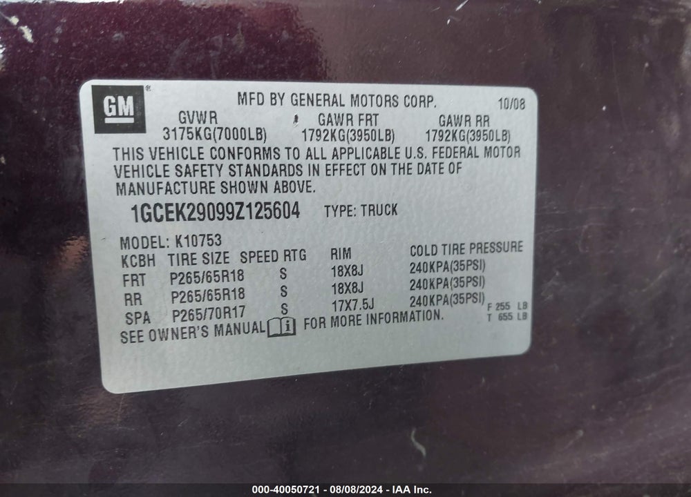 2009 CHEVROLET SILVERADO 1500 LT VIN: 1GCEK29099Z125604