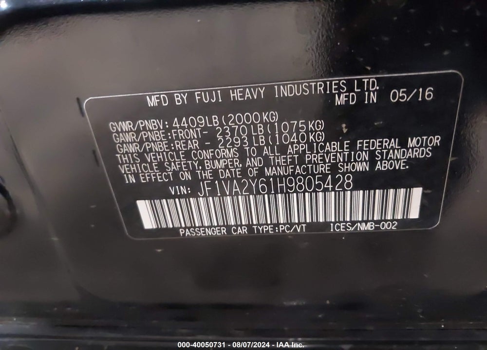 2017 SUBARU WRX STI LIMITED VIN: JF1VA2Y61H9805428