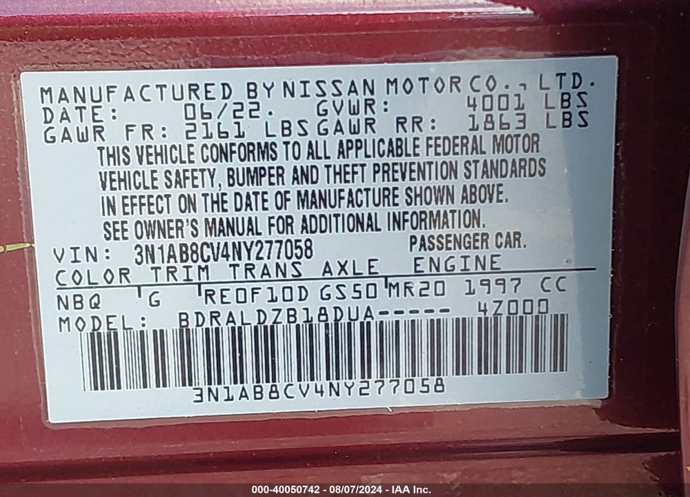 2022 NISSAN SENTRA SV XTRONIC CVT VIN: 3N1AB8CV4NY277058