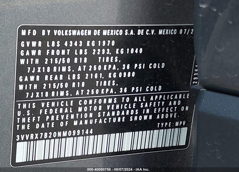 2022 VOLKSWAGEN TAOS 1.5T SE VIN: 3VVRX7B20NM099144