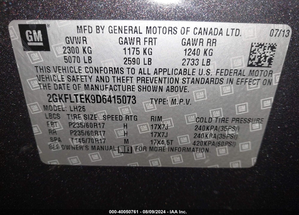 2013 GMC TERRAIN SLE-2 VIN: 2GKFLTEK9D6415073
