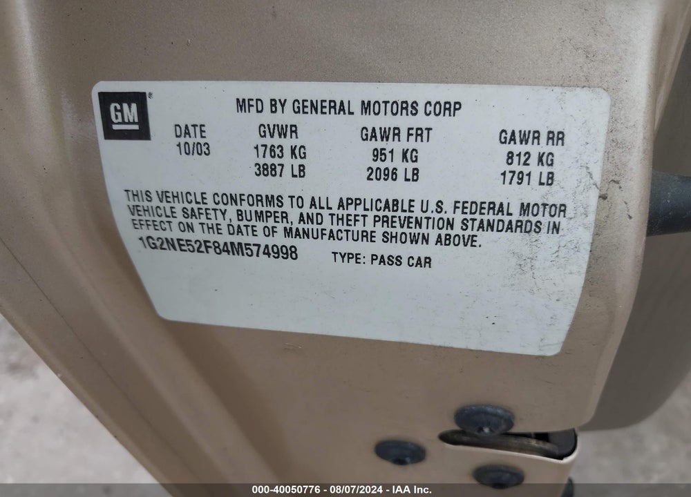 2004 PONTIAC GRAND AM SE VIN: 1G2NE52F84M574998