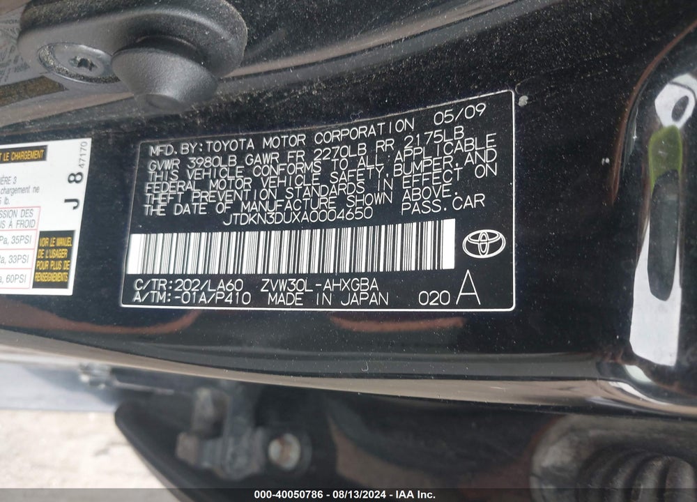 2010 TOYOTA PRIUS IV VIN: JTDKN3DUXA0004650