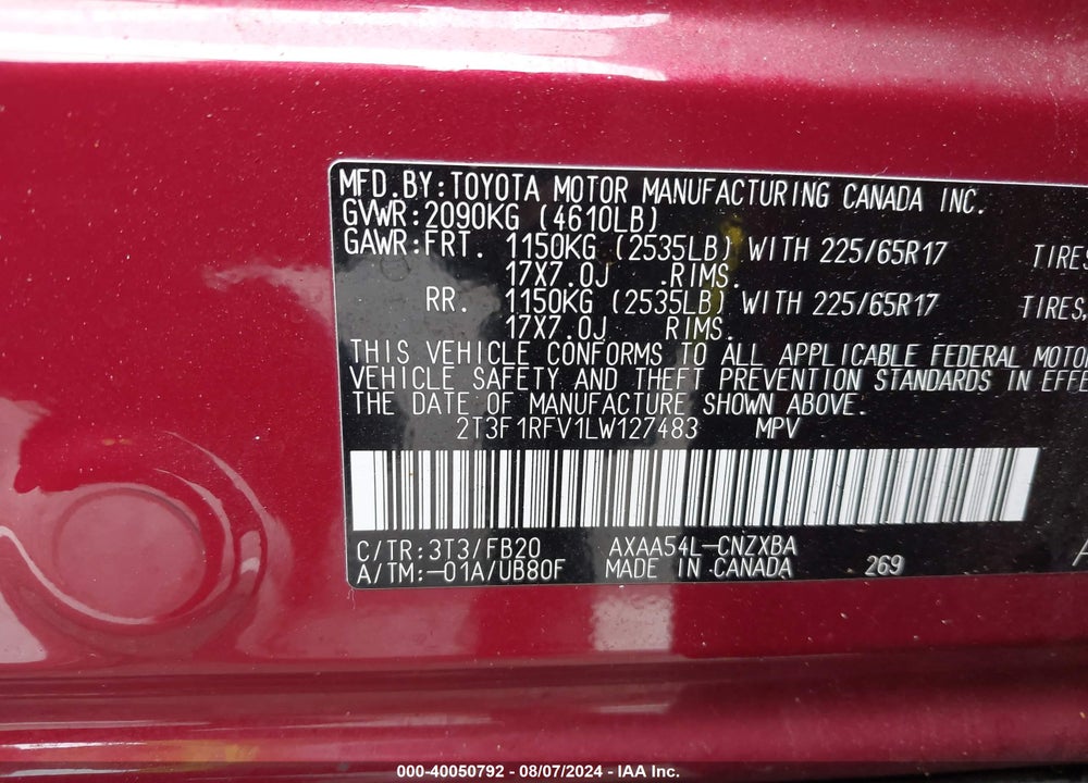 2020 TOYOTA RAV4 LE VIN: 2T3F1RFV1LW127483