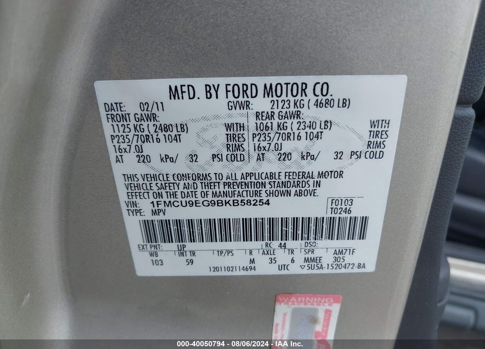 2011 FORD ESCAPE LIMITED VIN: 1FMCU9EG9BKB58254