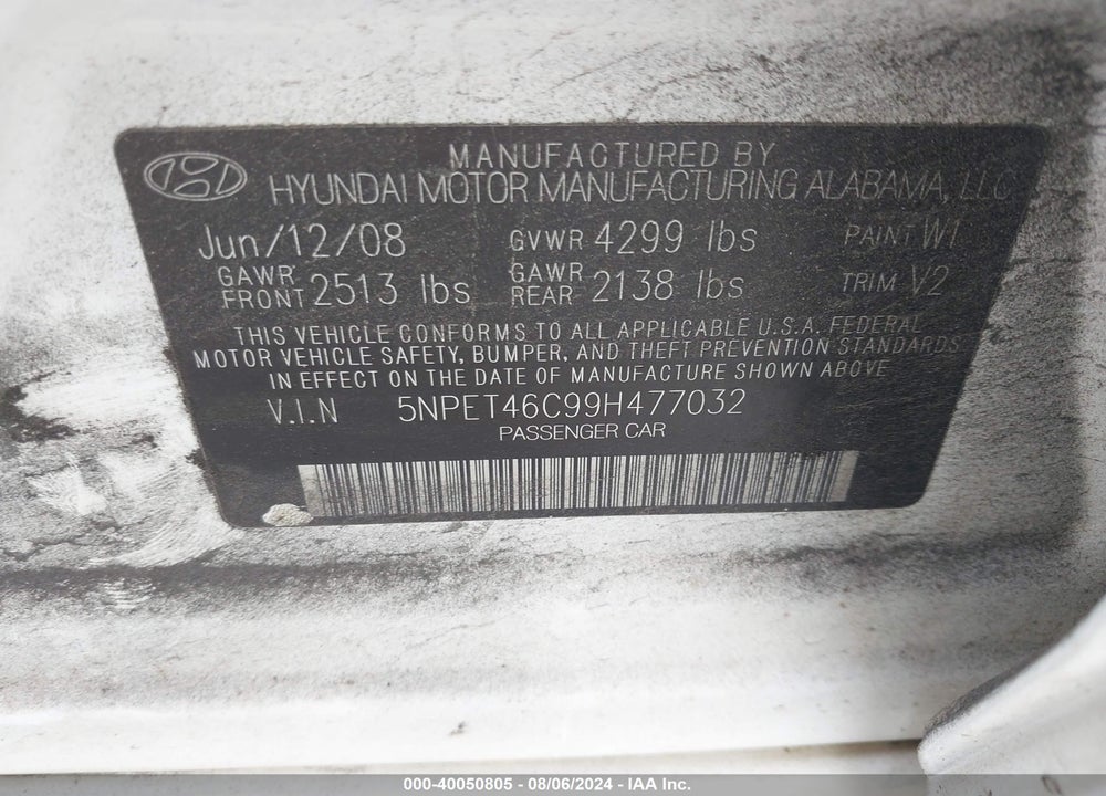2009 HYUNDAI SONATA GLS VIN: 5NPET46C99H477032