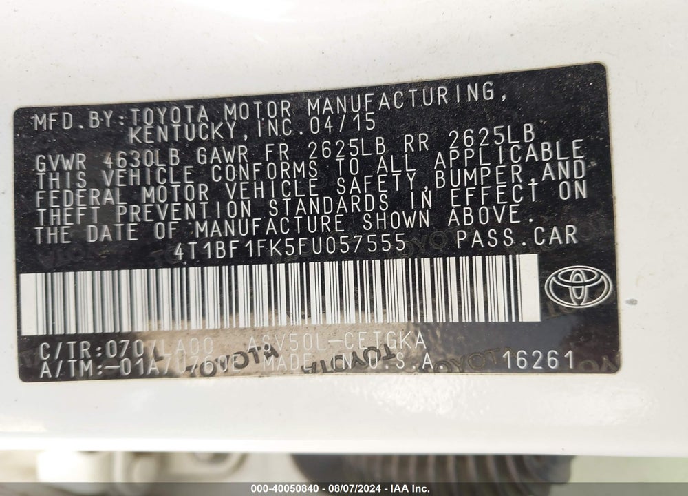 2015 TOYOTA CAMRY XLE VIN: 4T1BF1FK5FU057555