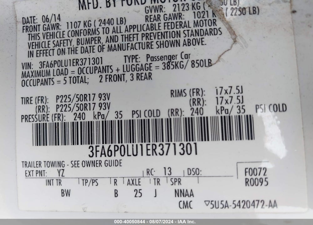 2014 FORD FUSION HYBRID SE VIN: 3FA6P0LU1ER371301