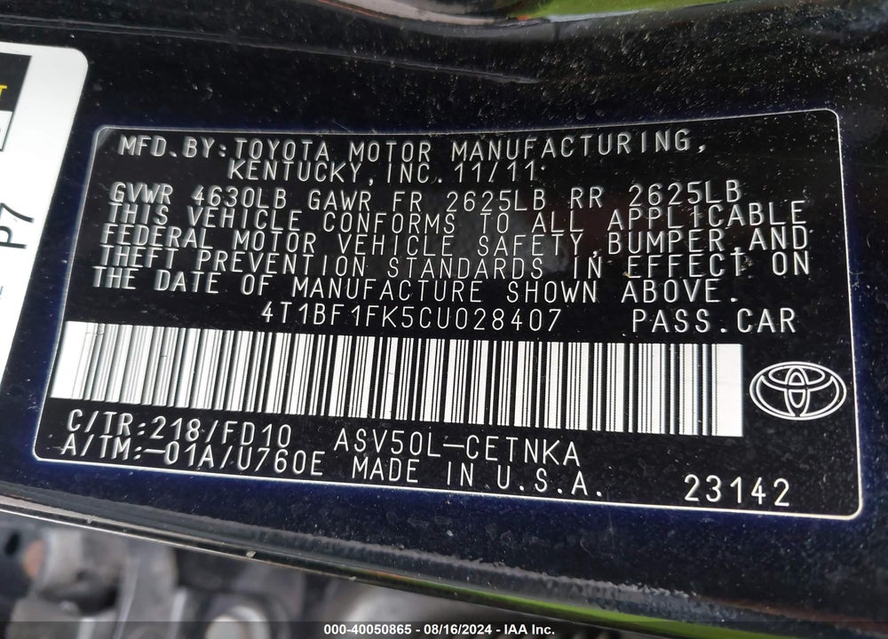 2012 TOYOTA CAMRY LE VIN: 4T1BF1FK5CU028407
