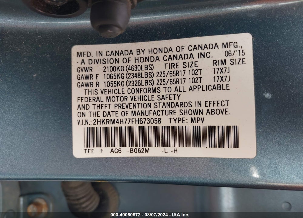 2015 HONDA CR-V EX-L VIN: 2HKRM4H77FH673058