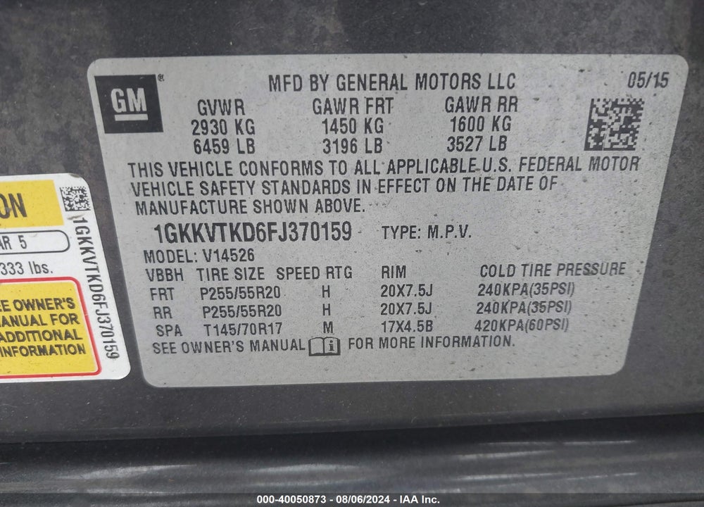 2015 GMC ACADIA DENALI VIN: 1GKKVTKD6FJ370159