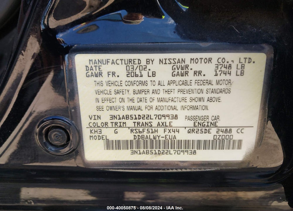 2002 NISSAN SENTRA SE-R SPEC V VIN: 3N1AB51D22L709938