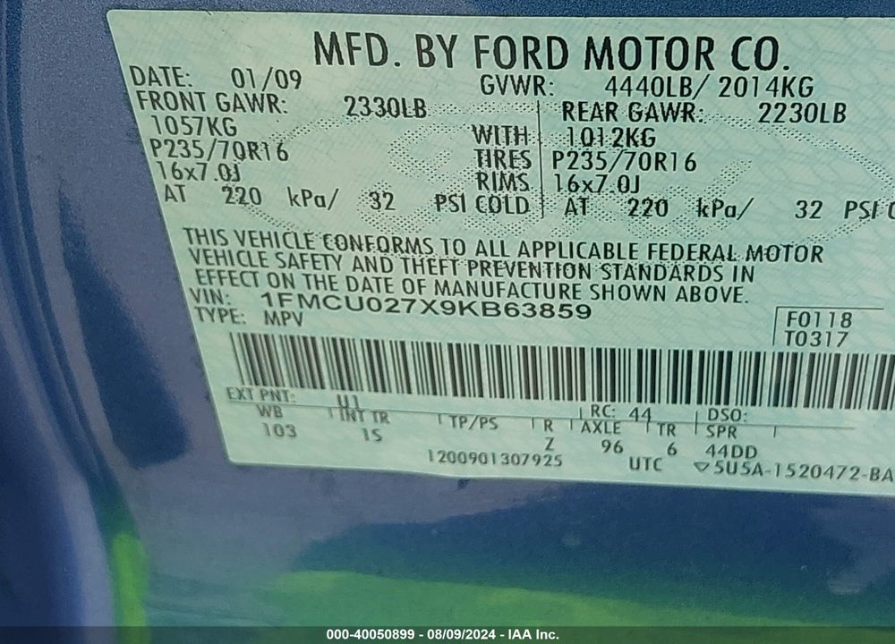 2009 FORD ESCAPE XLS VIN: 1FMCU027X9KB63859