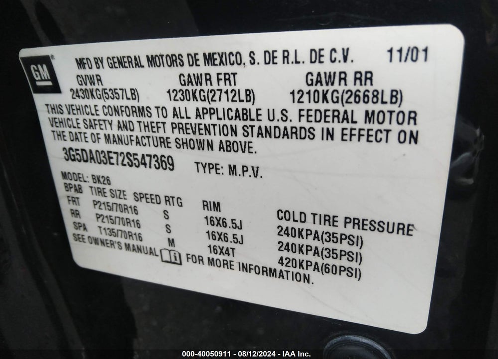 2002 BUICK RENDEZVOUS VIN: 3G5DA03E72S547369