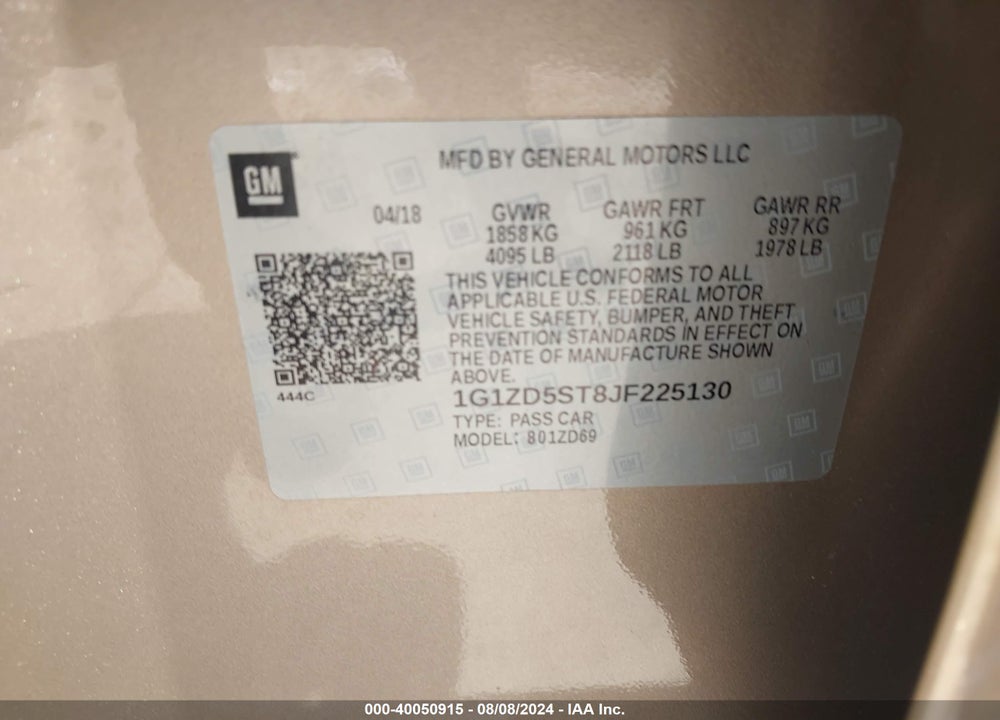 2018 CHEVROLET MALIBU LT VIN: 1G1ZD5ST8JF225130