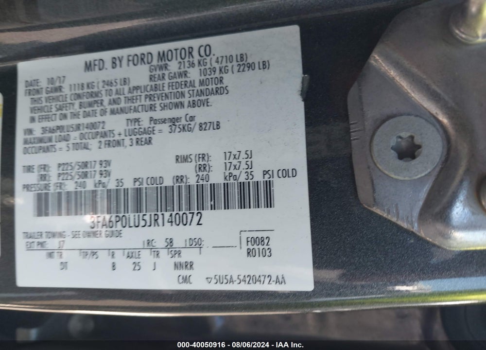 2018 FORD FUSION HYBRID VIN: 3FA6P0LU5JR140072