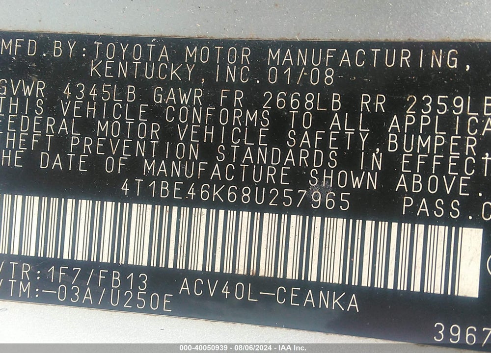 2008 TOYOTA CAMRY LE VIN: 4T1BE46K68U257965