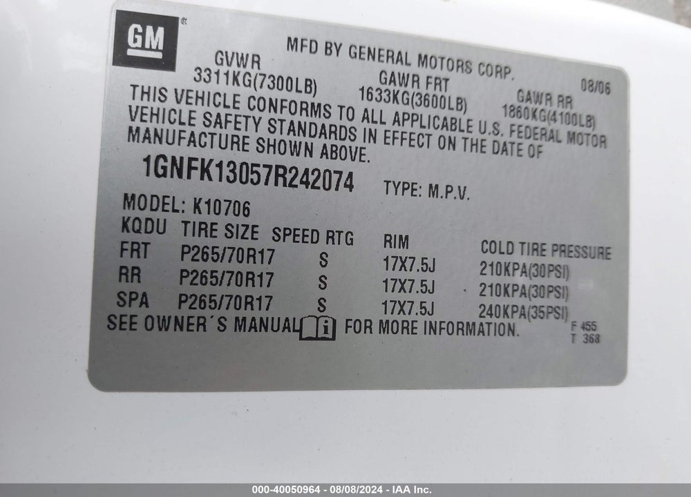 2007 CHEVROLET TAHOE LT VIN: 1GNFK13057R242074